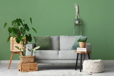 Oturma odasında kanepe, hasır sepetler ve yeşil bitkiler var.