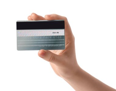 Beyaz arka planda kredi kartı ile kadın el