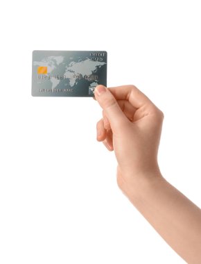 Beyaz arka planda kredi kartı ile kadın el