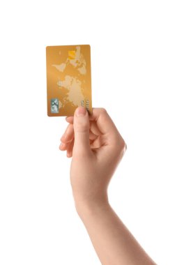 Beyaz arka planda kredi kartı ile kadın el