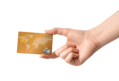 Beyaz arka planda kredi kartı ile kadın el