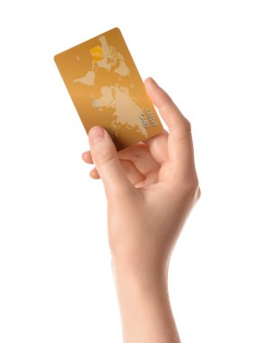 Beyaz arka planda kredi kartı ile kadın el