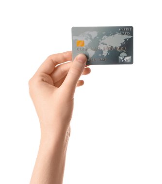 Beyaz arka planda kredi kartı ile kadın el