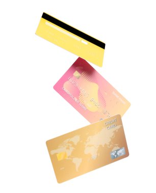 Beyaz arka planda farklı kredi kartları kullanılıyor