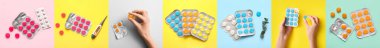 Renk arkaplan üzerinde öksürük pastili seti, üst görünüm