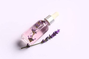 Beyaz zemin üzerinde izole edilmiş bir şişe lavanta yağı.