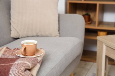 Sıcak battaniyeli rahat gri kanepe ve oturma odasında sıcak çay, yakın çekim.