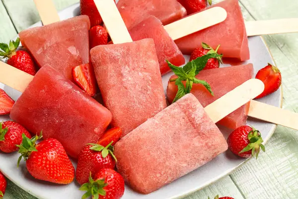 Yeşil ahşap arka planda çilekli dondurma tabağı.