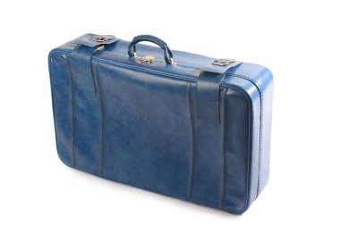 Beyaz arka planda mavi deri bavul