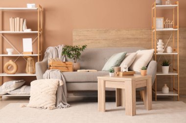 Oturma odasının içinde kanepe, raf üniteleri ve kitaplar var.