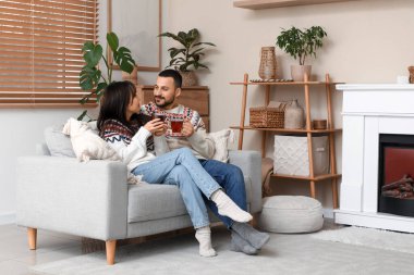 Evdeki şöminenin yanındaki kanepede oturmuş çay içen mutlu çifti seviyorlar.