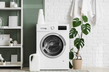 Çamaşır odasındaki beyaz tuğla duvarın yanında raf ünitesi, ev bitkisi ve deterjanı olan modern çamaşır makinesi.