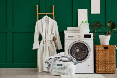 Çamaşır makinesi, hasır sepeti ve saksısı olan şık bir çamaşırhane.