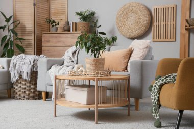 Hasır sepetteki ev bitkisi oturma odasının içindeki masada, yakın plan.