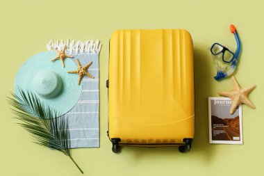 Bavullu kompozisyon, deniz yıldızları ve yeşil arka planda plaj aksesuarları.