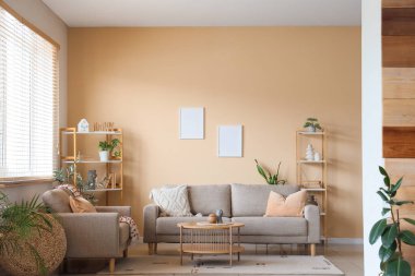 Oturma odasının içinde bej duvarın yanında ev bitkileri ve kanepeler var. Yakın plan.