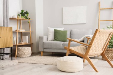 Koltuk, kanepe, raf ünitesi, oturma odasının içindeki çekmeceler ve puflar.