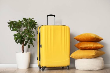 Pouf, ev bitkisi ve bavul bej duvarın yanında, yakın plan.