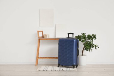 Masa, bitki ve bavul beyaz duvarın yanında.