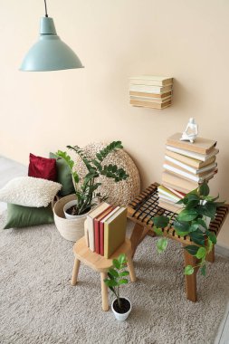 İçinde tabure ve yastık kitapları olan bir oda.