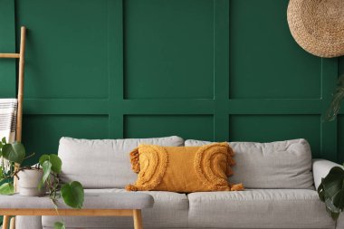 Oturma odasındaki kanepe, masa ve bitkiler, yakın plan.