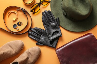 Siyah deri eldivenli kompozisyon, kadın aksesuarları ve renkli arka planda ayakkabılar.