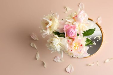 Ayna ve güzel şakayık çiçekleri bej arka planda