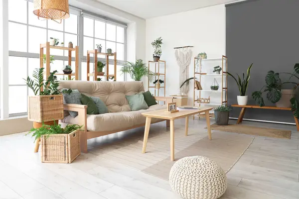 Rahat kanepesi, masası, çiçekleri, rafları ve penceresi olan şık bir oturma odası.