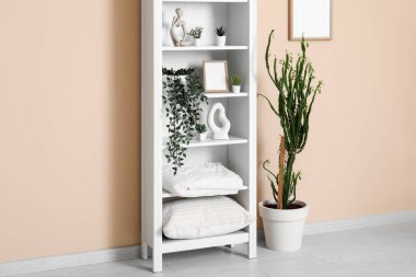 Resim çerçeveli şık bir oda, raf ünitesi ve bej duvarın yanındaki ev bitkileri.