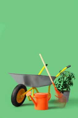 Su kutusu, tırmık, bitki ve el arabası yeşil arka planda