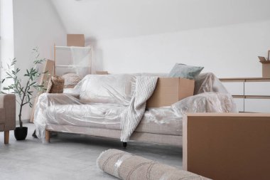 Taşındığı gün odada karton kutular olan gri kanepe.