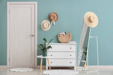 Kapısı, klozeti ve aynası olan şık bir koridor.