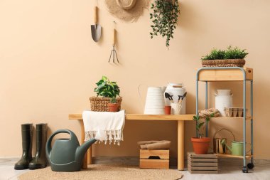 Bahçe aletleri, bitkiler ve bank ile atölyenin içi