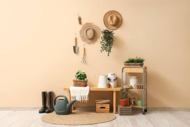 Bahçe aletleri, bitkiler ve bank ile atölyenin içi