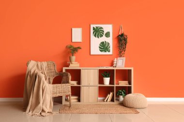 Hasır koltuklu, raf üniteli ve bitkilerli şık bir oturma odası.