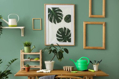 Atölyede aletleri ve bitkileri olan bahçıvanın çalışma yeri