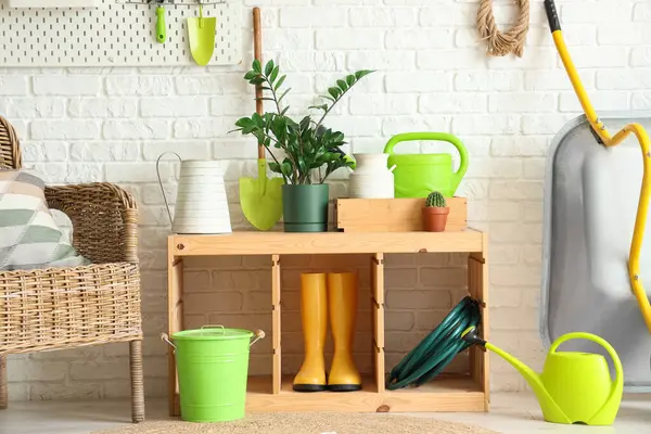Atölyede bitkilerle birlikte bahçe aletleri.