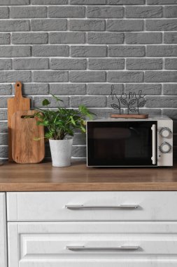 Mikrodalga fırını, ev bitkisi ve kesme tahtaları olan mutfak tezgahı.