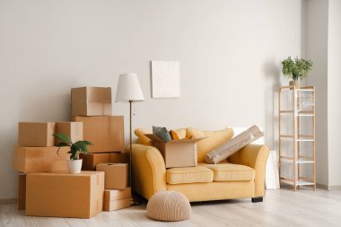 Taşındığı gün yeni oturma odasında karton kutular ve kanepe.