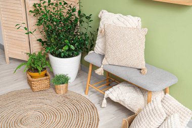 Yeşil duvarın yanında şık bir bank, ev bitkileri, halı ve yastıklar.