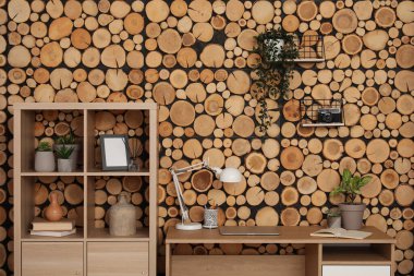 Lamba, işyeri ve raf üniteli şık bir oda.