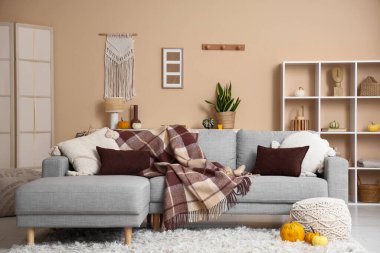 Sonbahar odasının iç kısımlarında yastıklar, ekoseler, puf ve balkabakları olan rahat bir kanepe.