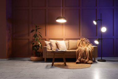 Şık oturma odasının içinde rahat bir kanepe, sehpa ve akşam lambaları var.