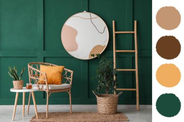 Aynalı, koltuklu ve masalı şık bir oda. Farklı renk desenleri