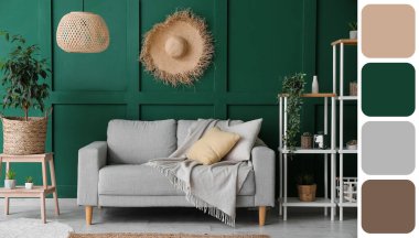 Interior of cozy living room with sofa, stepladder and shelving unit