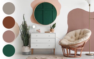 Aynalı, çekmeceli ve koltuklu şık bir oda. Farklı renk desenleri