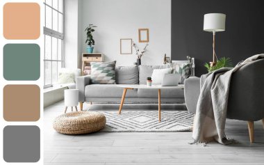 Gri kanepesi, koltuğu ve lambası olan aydınlık oturma odasının içinde. Farklı renk desenleri