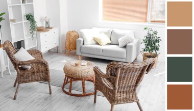 Interior of cozy living room with rattan armchairs and table