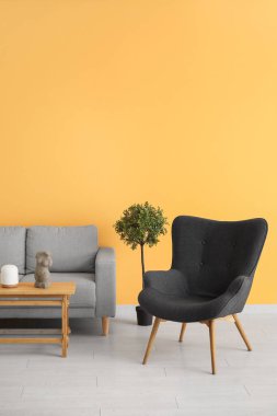 Koltuklu koltuk, sehpa ve turuncu duvarın yanındaki saksı.