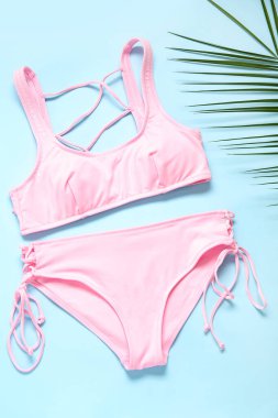 Renkli arka planda şık mayo ve palmiye yaprağı